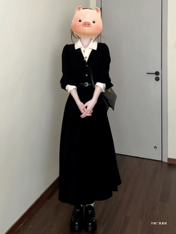 2025新款小香风黑色假两件连衣裙子女春秋季教资面试通勤气质长裙|undefined
