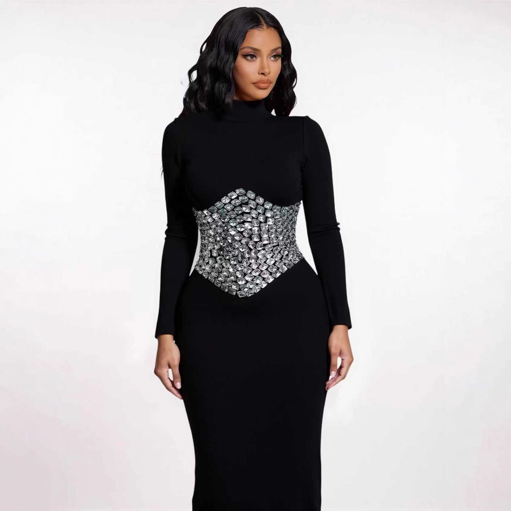 European and American Cross-Border Autumn and Winter Dress Bandage Long-Sleeved Waist Rhinestone Evening Dress Amazon Hot-Selling Dress