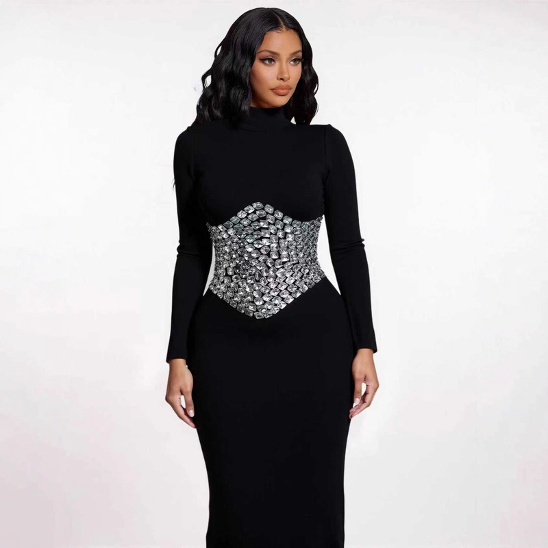 European and American Cross-Border Autumn and Winter Dress Bandage Long-Sleeved Waist Rhinestone Evening Dress Amazon Hot-Selling Dress