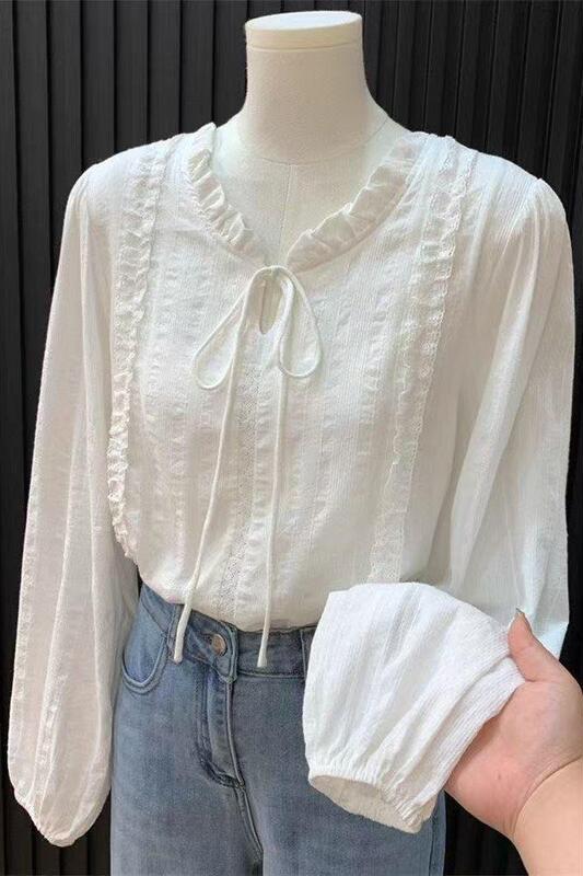 French Lace Collar Tie-Up White Shirt for Women, New Style for Winter and Autumn, Gentle and Chic Long-Sleeved Top French Lace Collar Tie-Up White Shirt for Women, New Style for Winter and Autumn, Gentle and Chic Long-Sleeved Top