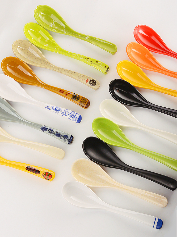 Long-handled melamine A5 ramen hook spoon, hot pot restaurant soup spoon, Japanese-style plastic curved spoon, imitation porcelain soup ladle, commercial use in canteens