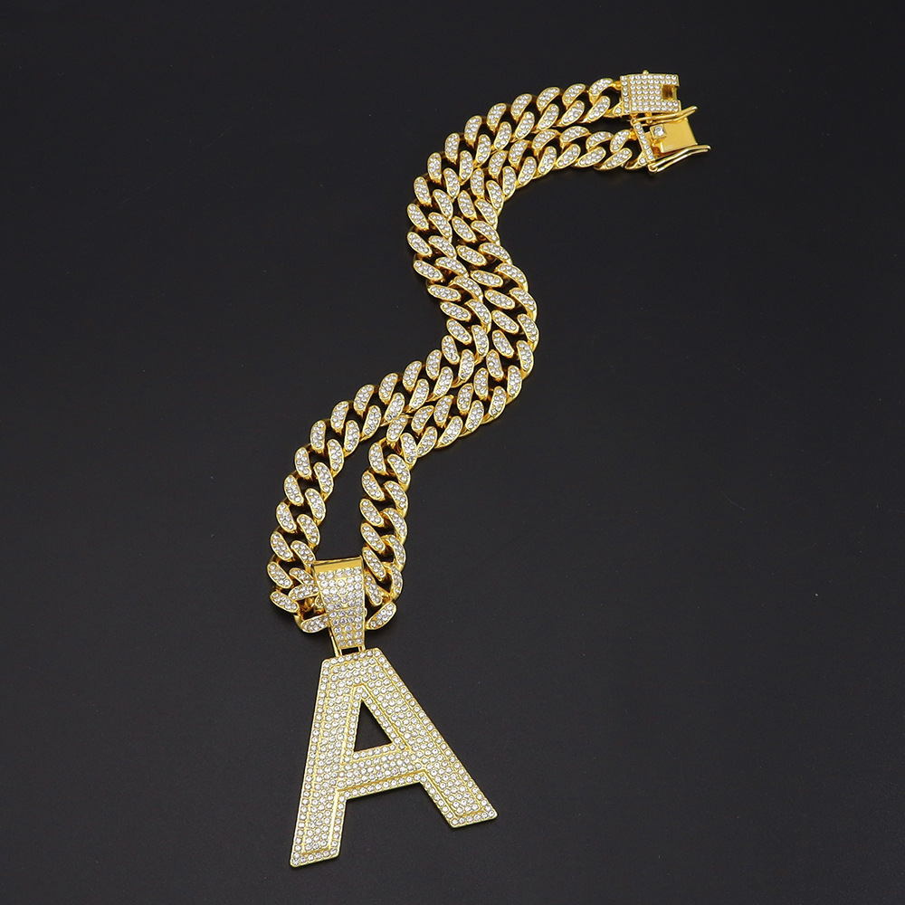 Street Occasion Full Diamond Capital English Letter A Pendant Cuban Link Chain Necklace Men's Cool Hip Hop Style Disco Hip Hop Clavicle Chain