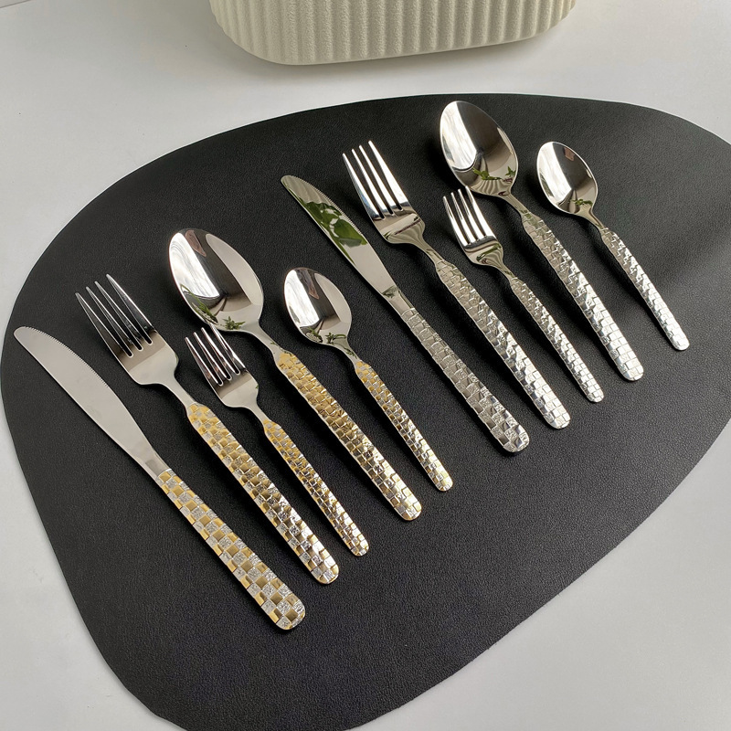Cross-Border Middle Eastern Stainless Steel Steak Knife, Fork, and Spoon Set, Creative New Embossed Tableware, Checkered Water Cube Knife, Fork, and Spoon Set Cross-Border Middle Eastern Stainless Steel Steak Knife, Fork, and Spoon Set, Creative New Embossed Tableware, Checkered Water Cube Knife, Fork, and Spoon Set