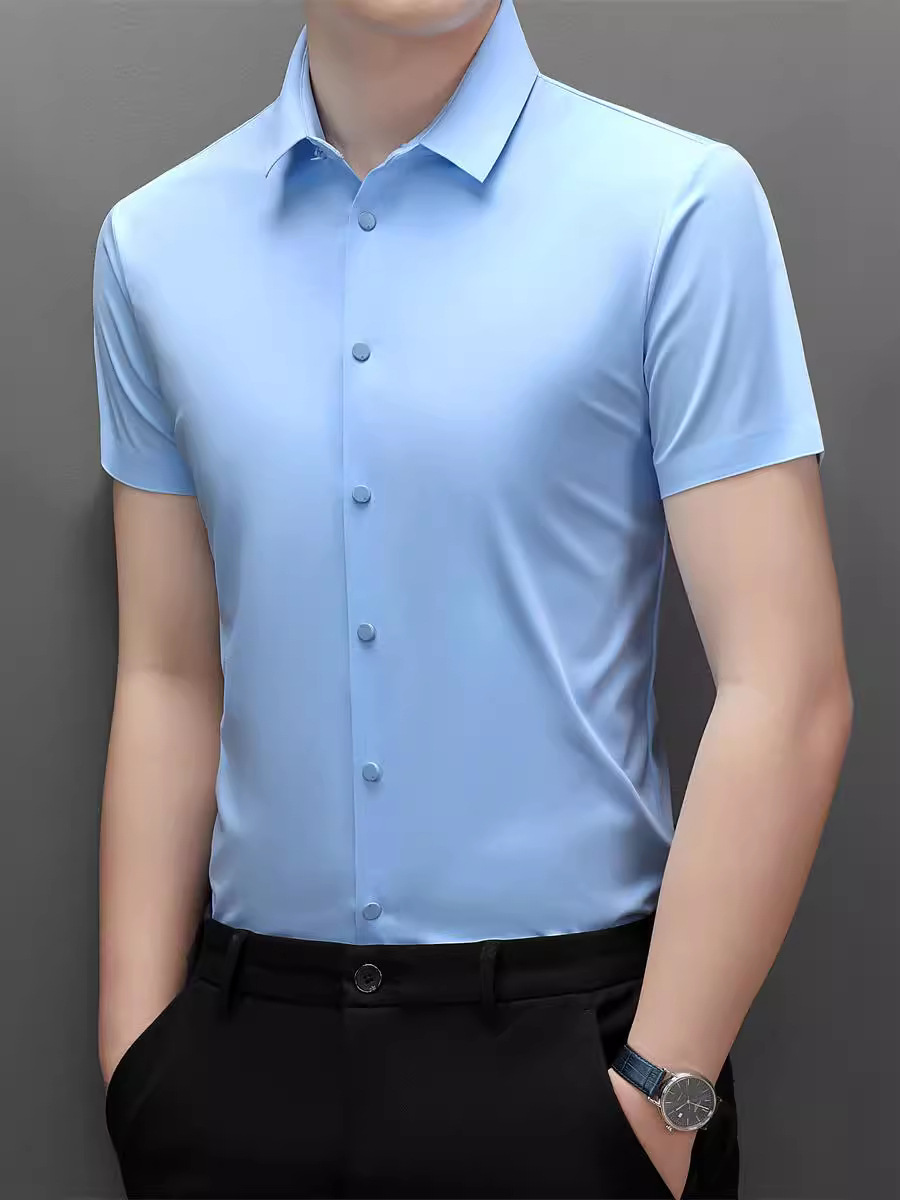 Polo para hombre de primavera y verano, estilo casual de negocios, sin arrugas, elástico, transpirable, sin costuras, con cuello vuelto, manga corta, sin costuras y elástico.