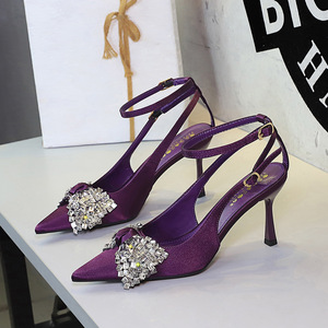 8718-AH159 European and American Feng Shui Diamond Big Bow Pointed One Word Buckle with Hollow Sexy Banquet Fine Heel Sa