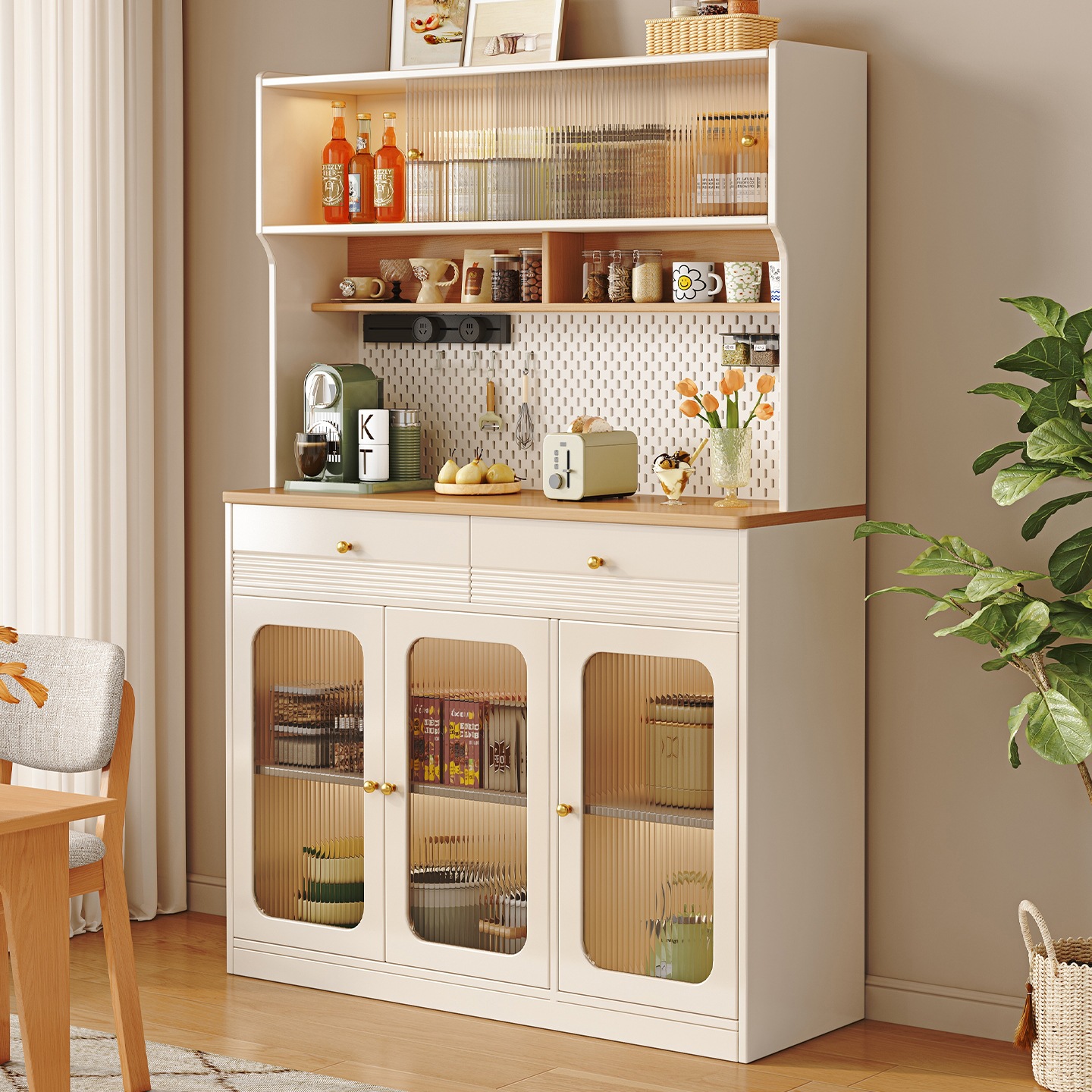 Cream-Style Solid Wood Sideboard Against the Wall Integrated Home Kitchen Living Room Wine Cabinet Tea Cabinet Coffee Machine Storage Cabinet B&