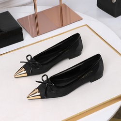 2161-2 Korean retro hollowed out mesh shallow mouth low heel women's shoes metal pointed bow thick heel temperament single shoe women