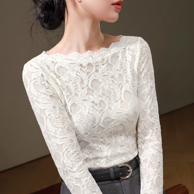2026 French-style off-shoulder high-end lace hollow-out base shirt for women, autumn slim-fit stretchy jacquard top with a sophisticated feel 2026 French-style off-shoulder high-end lace hollow-out base shirt for women, autumn slim-fit stretchy jacquard top with a sophisticated feel