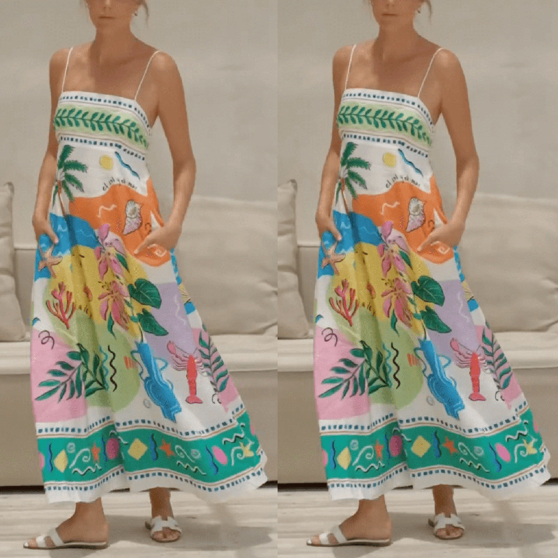 跨境亚马逊新款欧美2024夏季女装性感定位印花吊带无袖大摆连衣裙