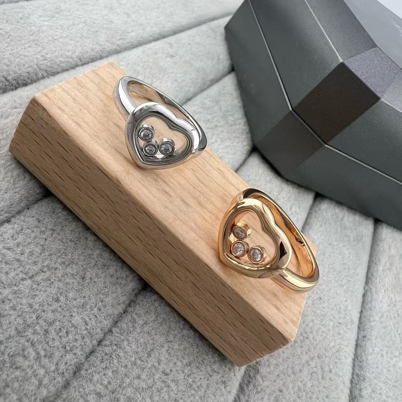 Cross-Border European and American Fashion Chopard Happy Diamond Ring Plated 18K Rose Gold Three Diamond Love Shape Engagement Ring for Women