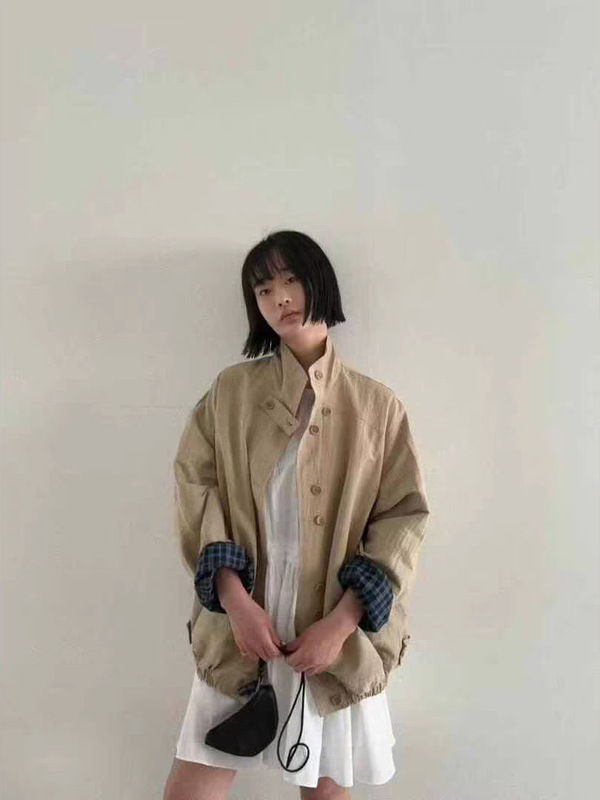 不退不换2025秋季新款韩版宽松立领单排扣撞色条纹长袖风衣外套女|undefined