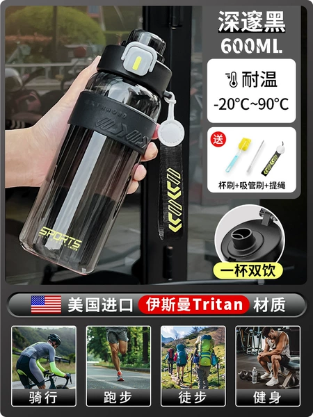 Imported Tritan [Double Drink/High Temperature Resistance] Deep Black 600ML (Free Silicone Case +
