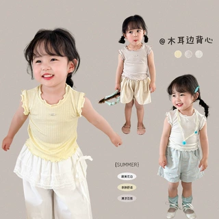 蔗梨童装女童背心夏薄款2025新款儿童木耳边上衣婴儿a类宝宝衣服