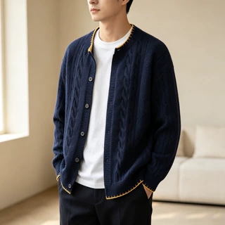 秋冬老钱风条纹针织毛衣男士慵懒风线衣外套品质宽松开衫打底衫
