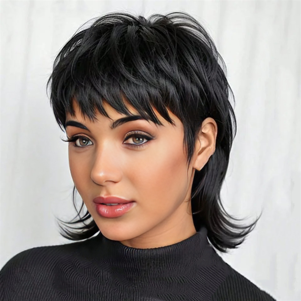 Independent Station Wig Female Mullet Head Samurai Head Wolf Tail Bangs Short Straight Hair Anime COS Wig Full Head in stock