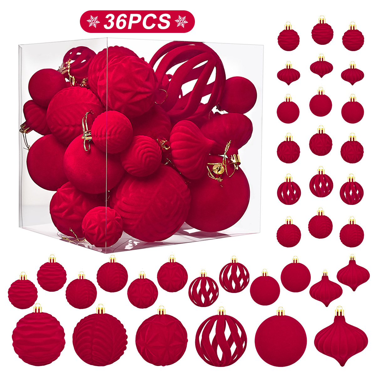 Transfronterizos para 36 bolas de navidad de floquete de forma especial, bolas de tela pintadas rojas, colgantes decorativos para árboles de navidad