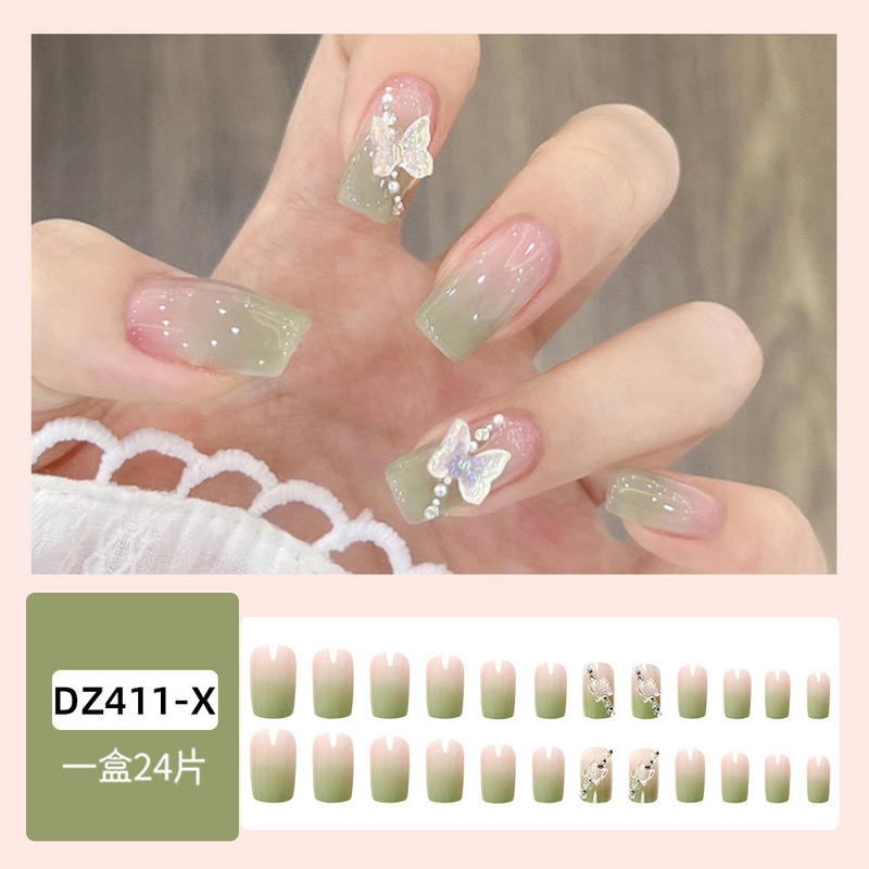 Green Gradient Pearl Wearable Nails Pure White Ice Transparent Acrylic Aurora Butterfly Nail Patch Medium Length Nails