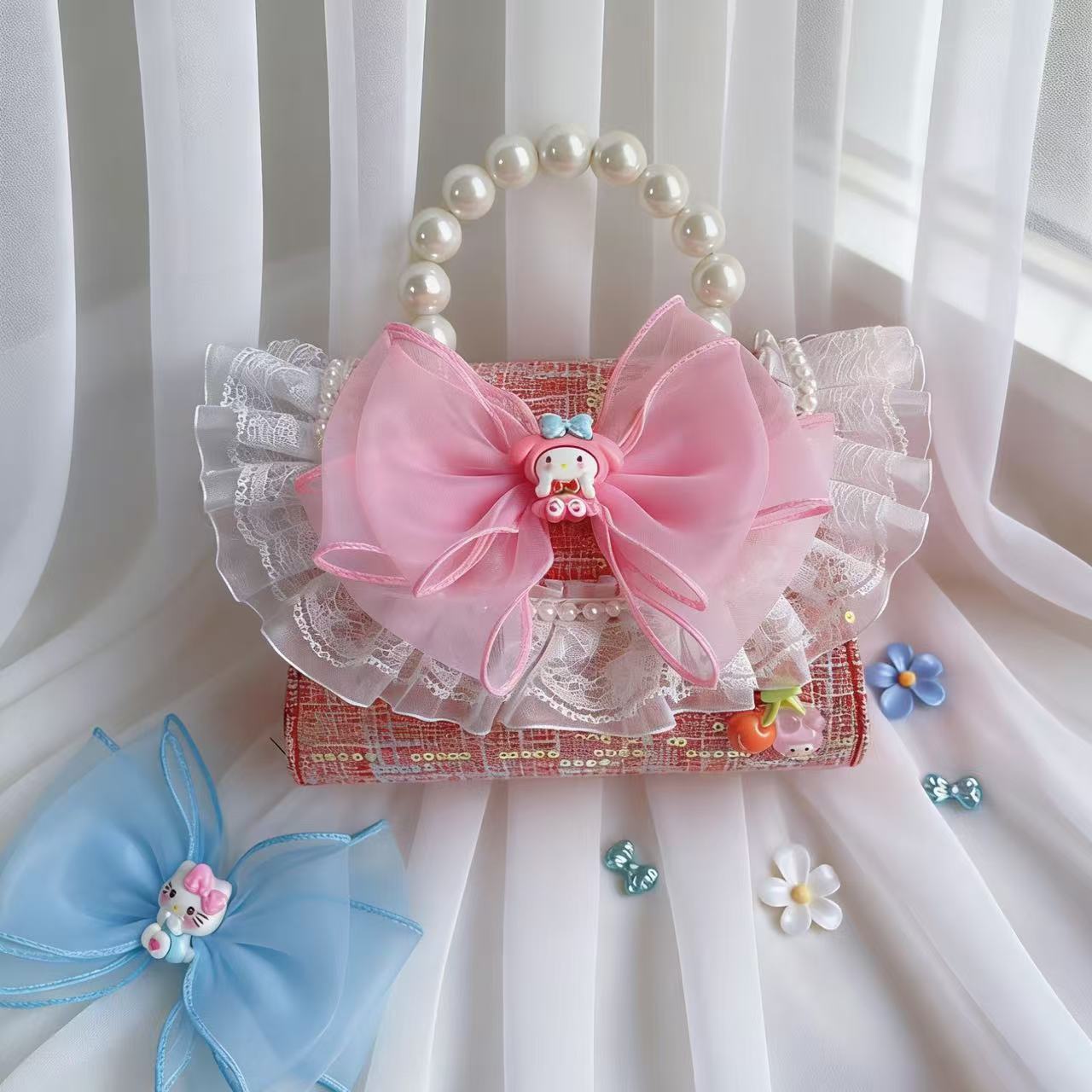 Nuevo encaje perla arco bolso cuadrado bolso de estilo extranjero versátil pequeño viento fragante bolso de chicas bolso de moda bolso de niños