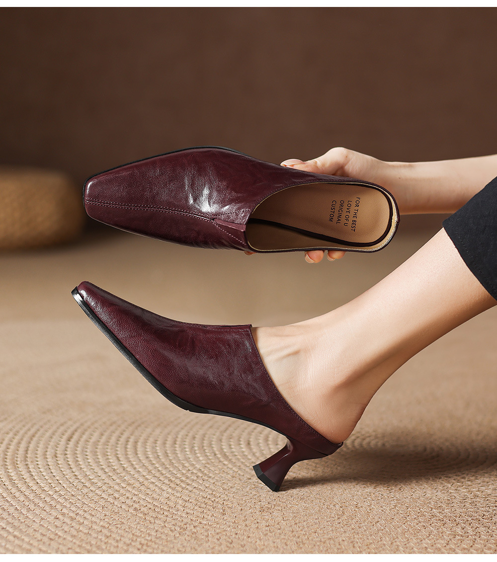 Sandal nữ bít mũi cao gót thô 5 cm, da bò mùa xuân hè — đen chi tiết 5