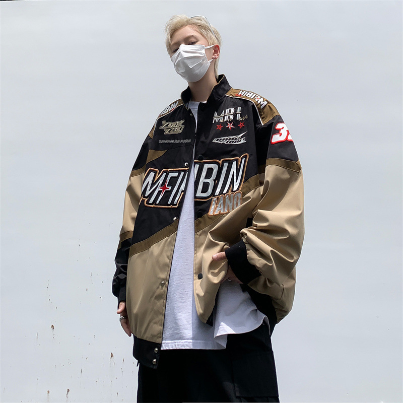 Men's Spring and Autumn Trendy American Street Style Hip-Hop Baseball Racing Jacket Loose Embroidered Motorcycle Jacket
