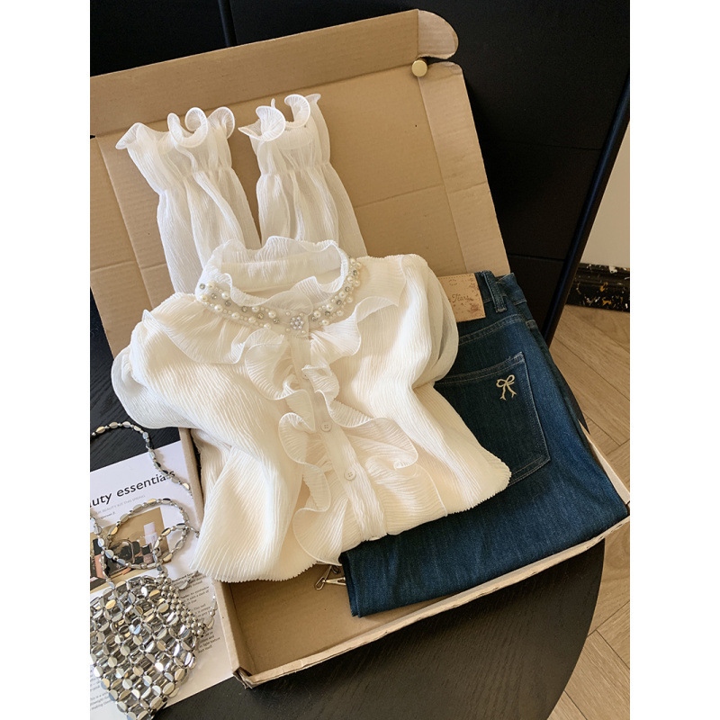 Sugar Candy~ Ruffled Stand Collar Beaded Pleated Cotton Linen Shirt for Women 2026 Early Spring Gentle Style Elegant Shirt Sugar Candy~ Ruffled Stand Collar Beaded Pleated Cotton Linen Shirt for Women 2026 Early Spring Gentle Style Elegant Shirt
