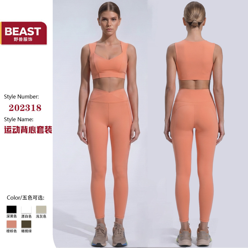 New Cross-Border Sports Beauty Back Bra Set V-Waist Slim Yoga Pants Pilates High-Waist Butt-Lifting Yoga Wear for Women