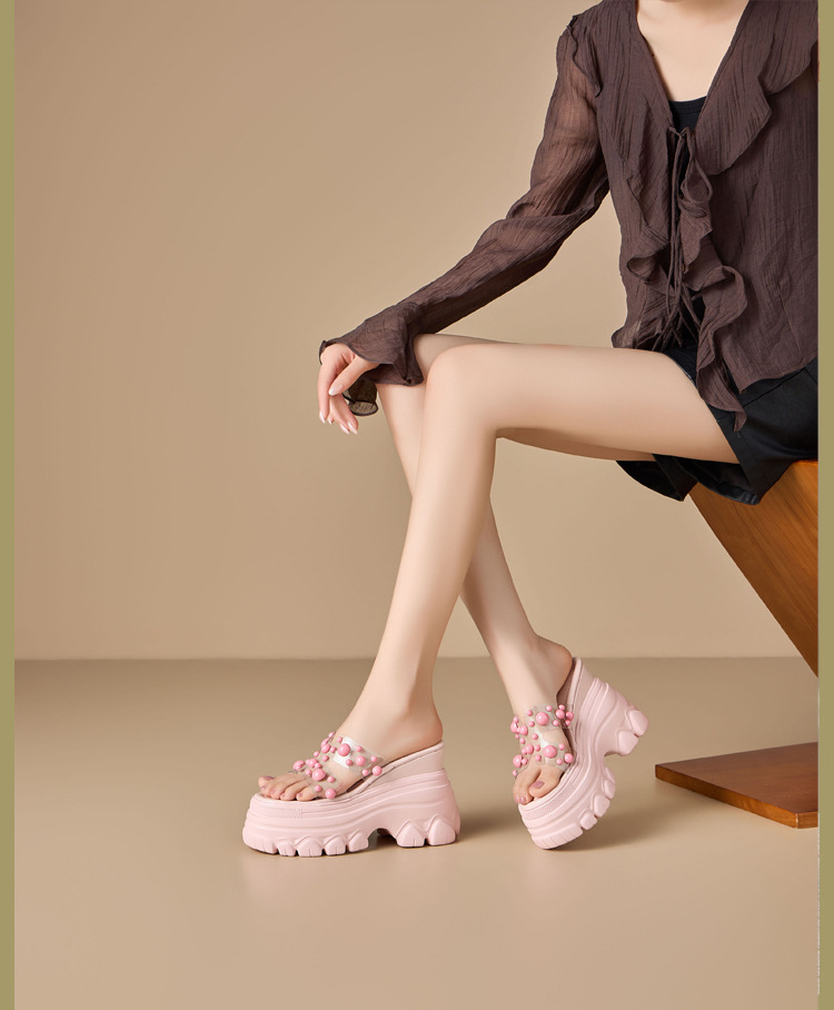 Dép sandal cao gót nữ đế trong suốt gót 12 cm quai ngang đính ngọc trai — màu đen, màu hồng, màu trắng ngà chi tiết 1