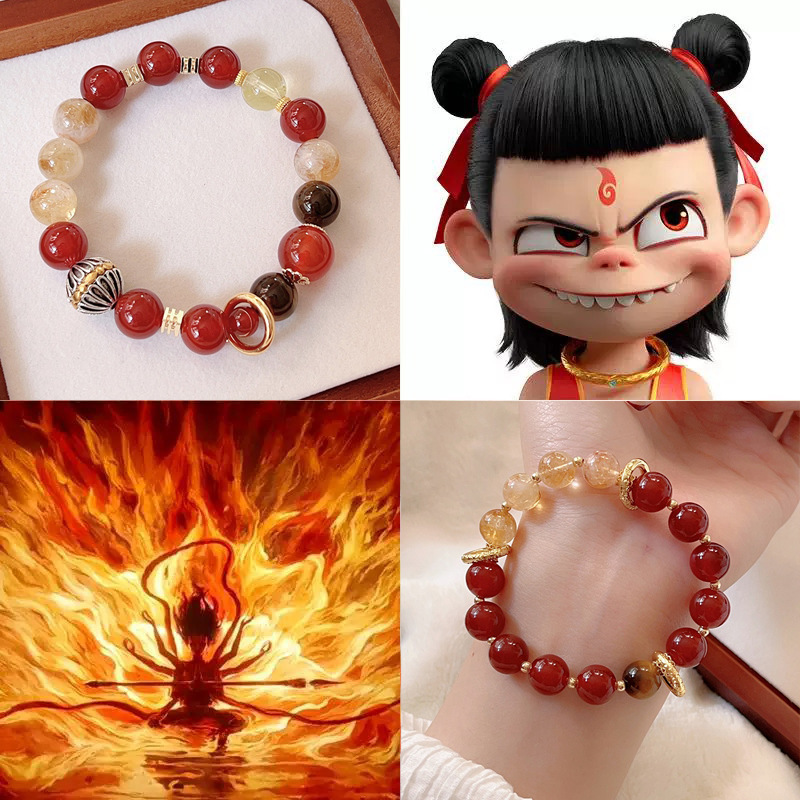 哪吒手串天然紅瑪瑙黃塔晶手鍊男女同款小紅薯哪吒乾坤圈手鍊