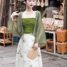 2025新中式国风女装复古改良汉服夏绿色开衫超仙绝美不规则三件套