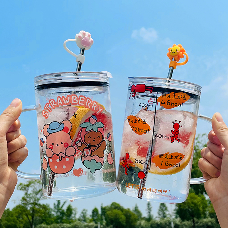 創意1000ml大容量玻璃水杯帶蓋帶吸管卡通印花ins風簡約大水杯子