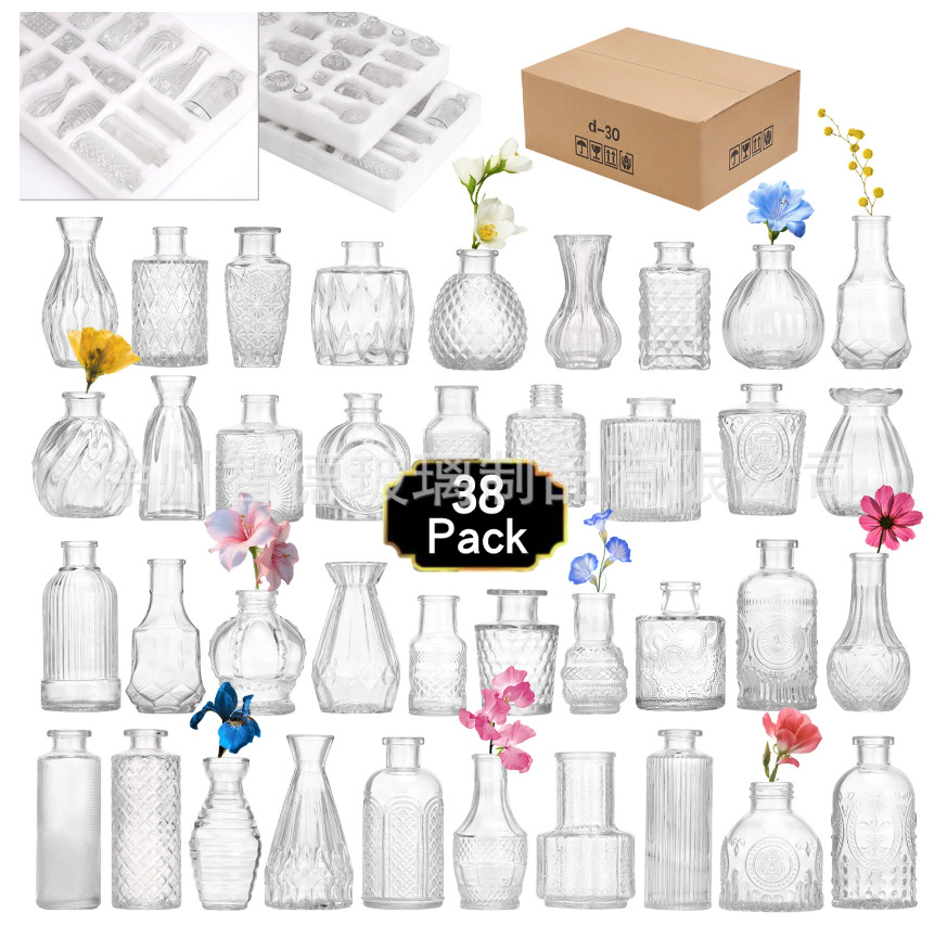 Transparent glass vases for decorating dining tables, home