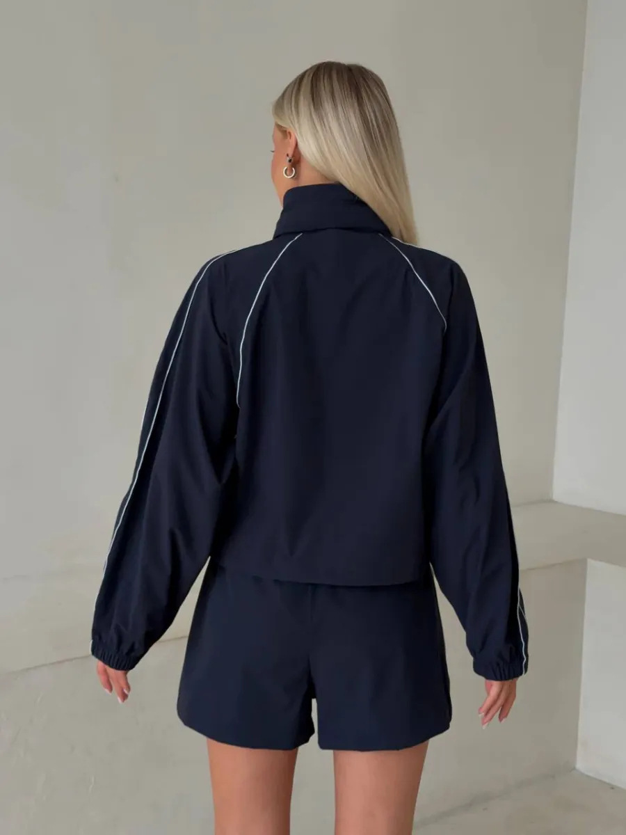 Women's Two Piece Set Solid Long Sleeve Zip Up Cardigan And Shorts_voghion.com