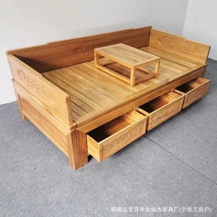 新中式推拉卧榻罗汉床创意简约客厅小户型家具老榆木实木罗汉床-阿里巴巴