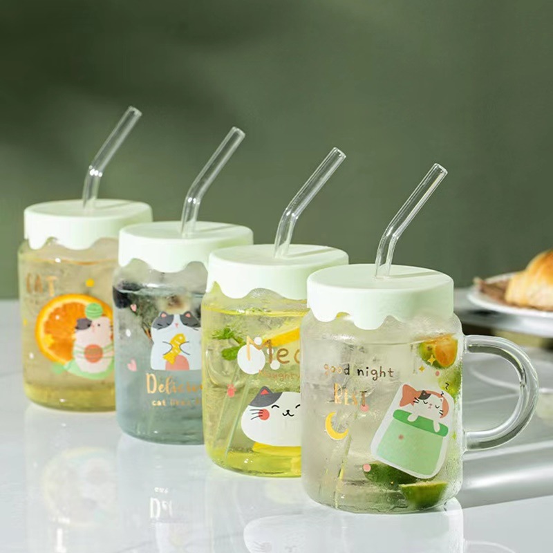 Taza de gato lindo creativo regalo personalizado taza de paja de vidrio taza de consumición fresca taza de dibujos animados de Corea
