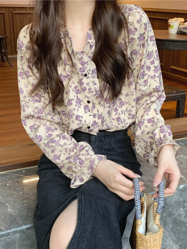 フレンチ V ネック花柄シャツ女性のための 2025 春シックなニッチ年齢軽減痩身シフォンシャツレトロ長袖|undefined