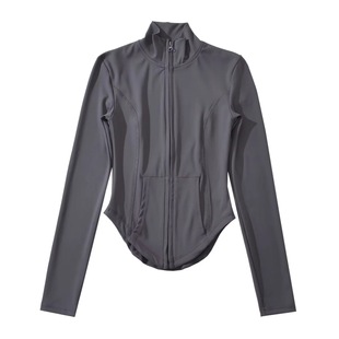 Stand Collar gray long-sleeved coat for women Spring and Autumn new curved hem sexy tight fitness running yoga top fashion