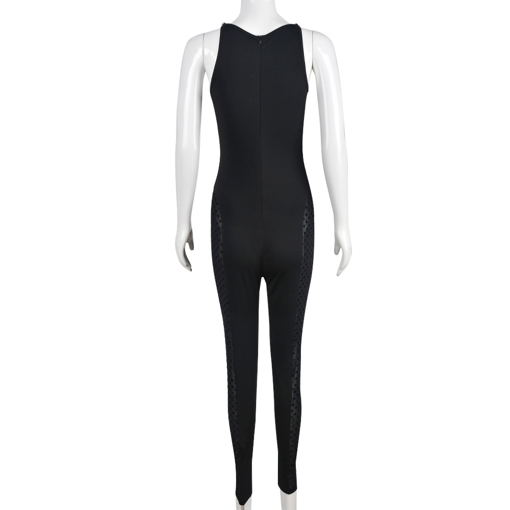 Women Sleeveless Mesh Rhinestone Zipper Hollow Out Cutout Crew Neck Flocking Jumpsuit