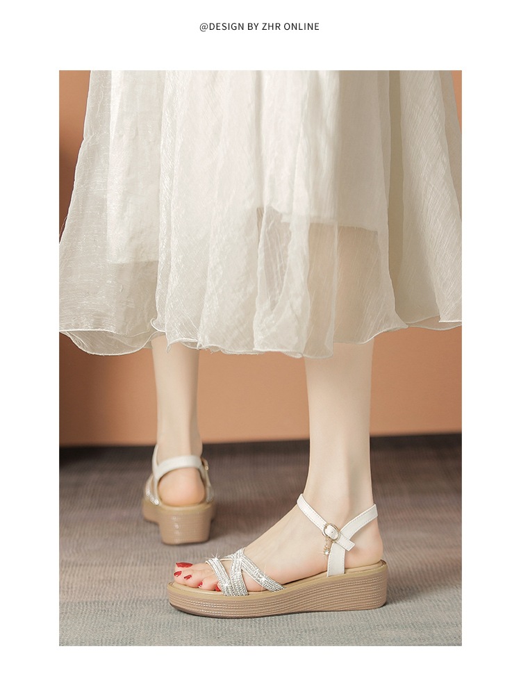 Sandal cao gót nữ đính đá phong cách La Mã, đế xuồng thoải mái — AY161 Trắng be chi tiết 15