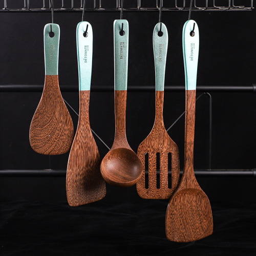 Creative colorful handle kitchen utensils long handle spatula wax-free chicken wing wood spatula wooden spoon set cooking spoon spatula kitchen