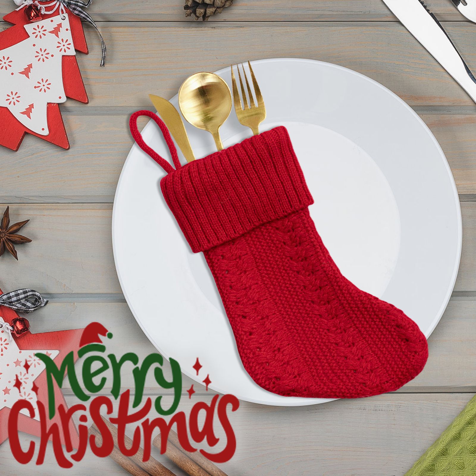 Navidad transfronteriza calcetines de punto pequeñas calcetines rojos lindos regalos blancos cuchillo y tenedor cubierta bolsas de caramelo decoración de árbol de Navidad
