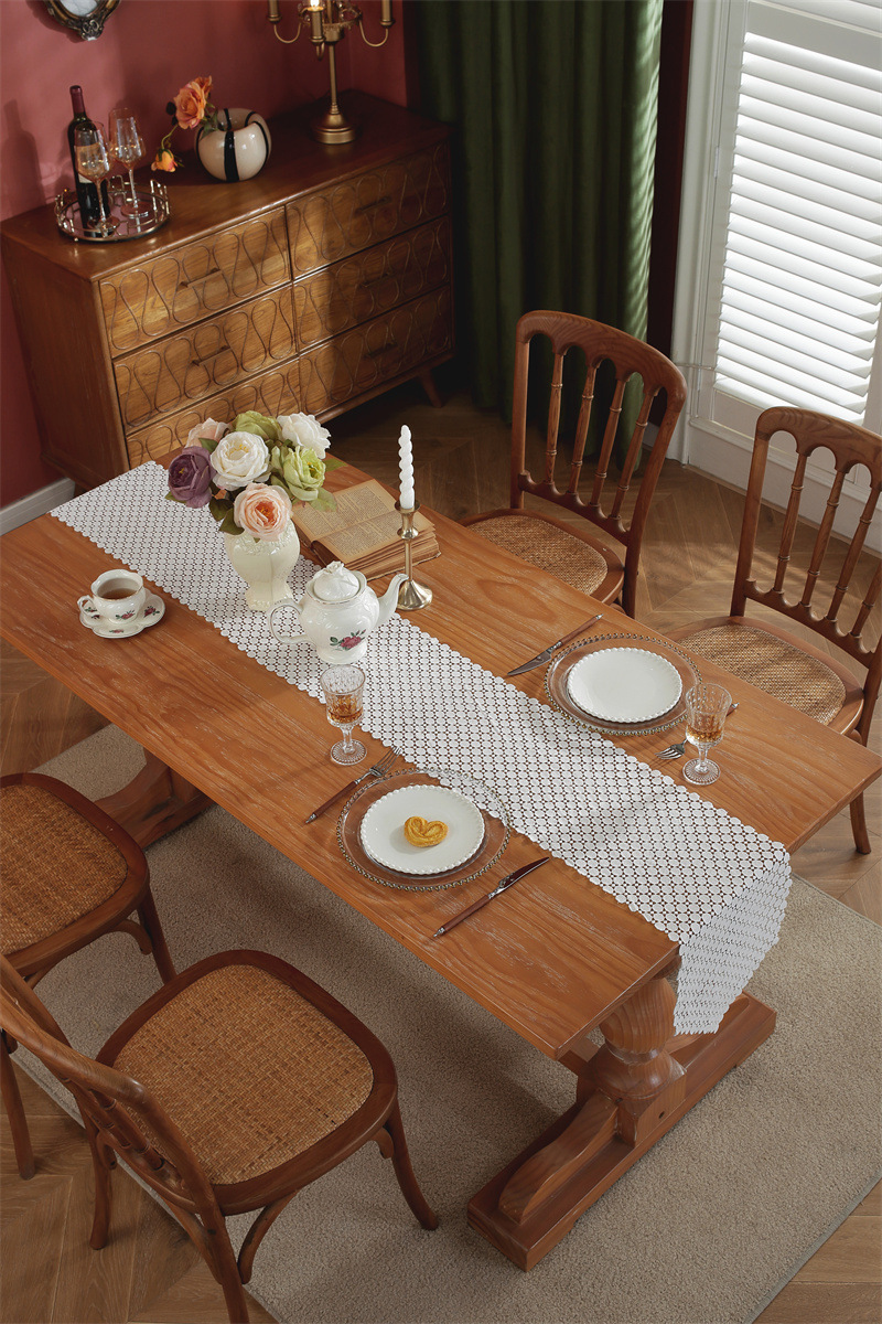 Rustic Romantic White Hollow Floral Lace Table Runner Decor_voghion.com