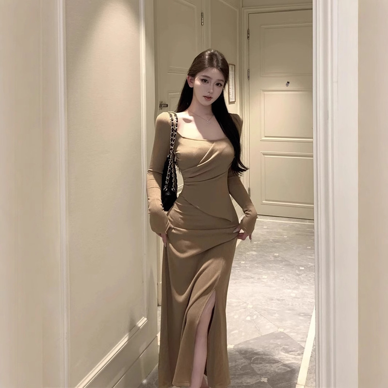 Pure Desire Style Long-sleeved dress Women's Autumn and Winter Pleated Slim-fit Long Skirt Figure Showing Body-tight Waist Split Hip Long Skirt