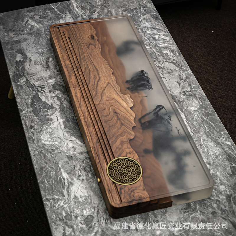 bandeja de té de resina de nuez, mesa de burbuja seca de madera sólida de alta gama, sala de estar doméstica, nueva bandeja de té china grande