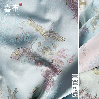 莲花仙鹤国风浅蓝浮雕公主裙色织马克龙手工刺绣温柔风新中式