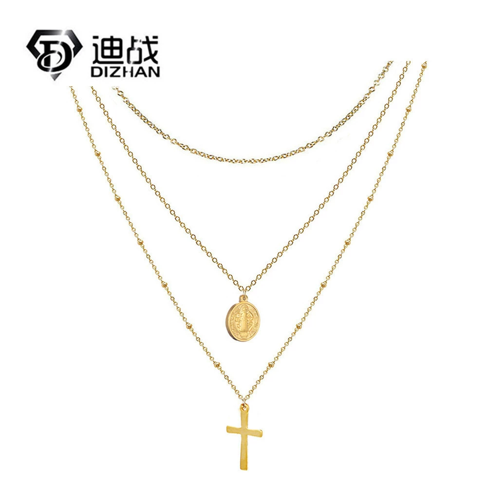 Древние египетские ювелирные изделия мода простое тонкое ожерелье из нержавеющей стали кулон с крестом Иисуса трехслойное ожерелье ключицы