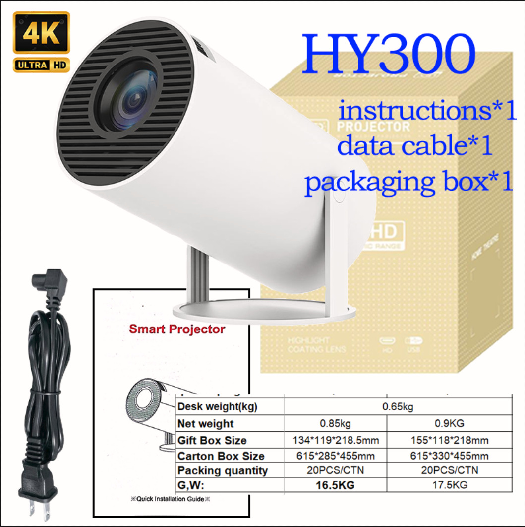 Factory Direct Sales Cross-Border Projector Hy300 Portable Barrel-Shaped Home Android Projector System High-Definition Video