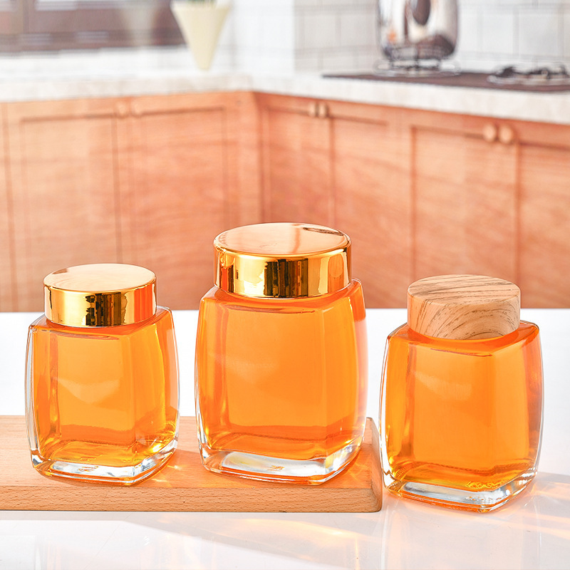 扁方大口蜂蜜瓶透明瓶玻璃加厚果酱瓶家用密封酱菜瓶批发可加logo