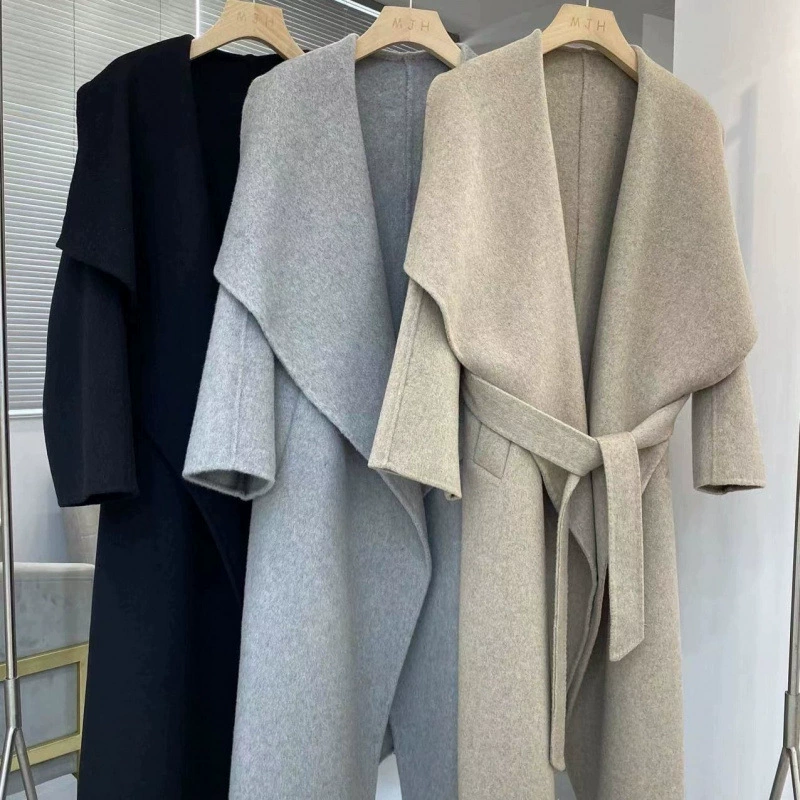 Новинка 2024 года, осенне-зимняя шерстяная верхняя одежда, женская элитная модная двусторонняя шерстяная верхняя одежда средней длины с большими лацканами ins