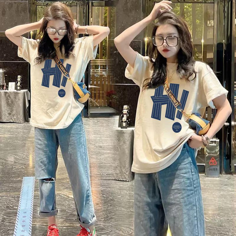 100% Pure Cotton Short-Sleeved T-Shirt for Women 2026 New Summer Oversize Loose Printed Slimming Mid-Length Top