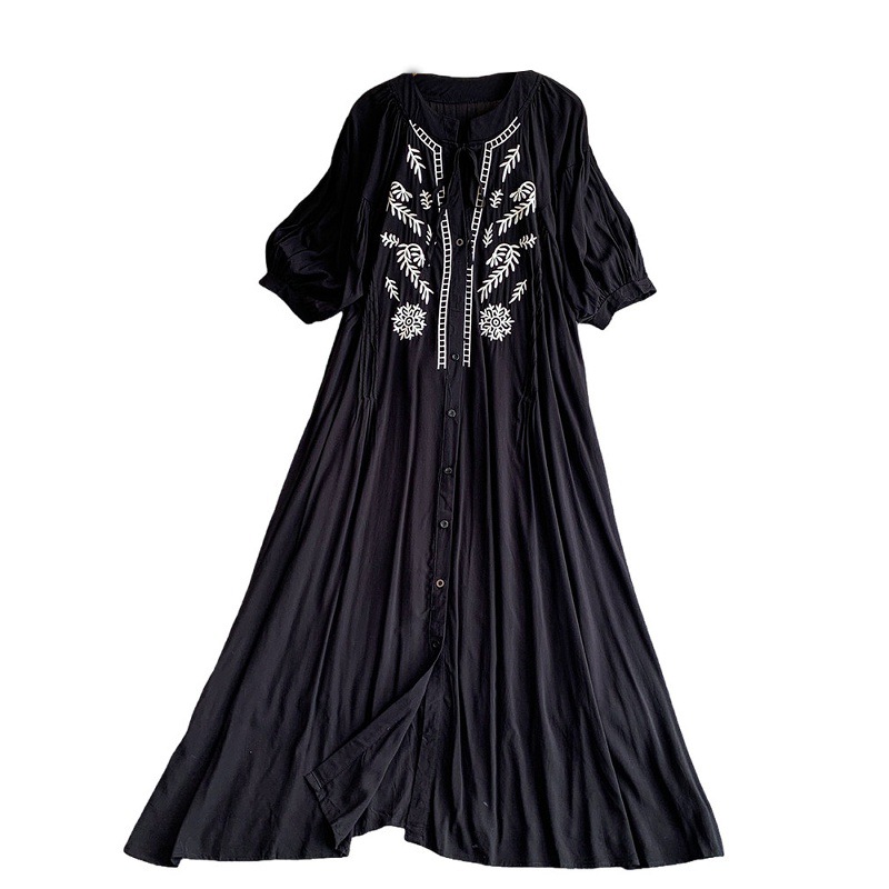 Women's Relaxed Elegant Tie Neck Lantern Sleeve Dress Summer Loose Fit Flattering Slimming Retro Embroidered Long Dress_ecoleips.com